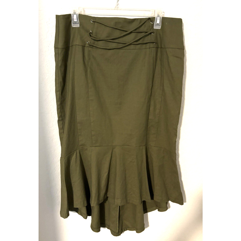NY&C 7th Avenue Design Olive Green Hi-Lo Hem Linen Blend Midi Flare Skirt 14 NWT